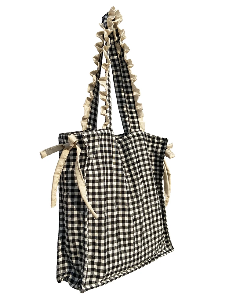 White Black Plaid Casual Style Shoulder Bag women's Simple Design Handbags High-Capacity Shopping Bag