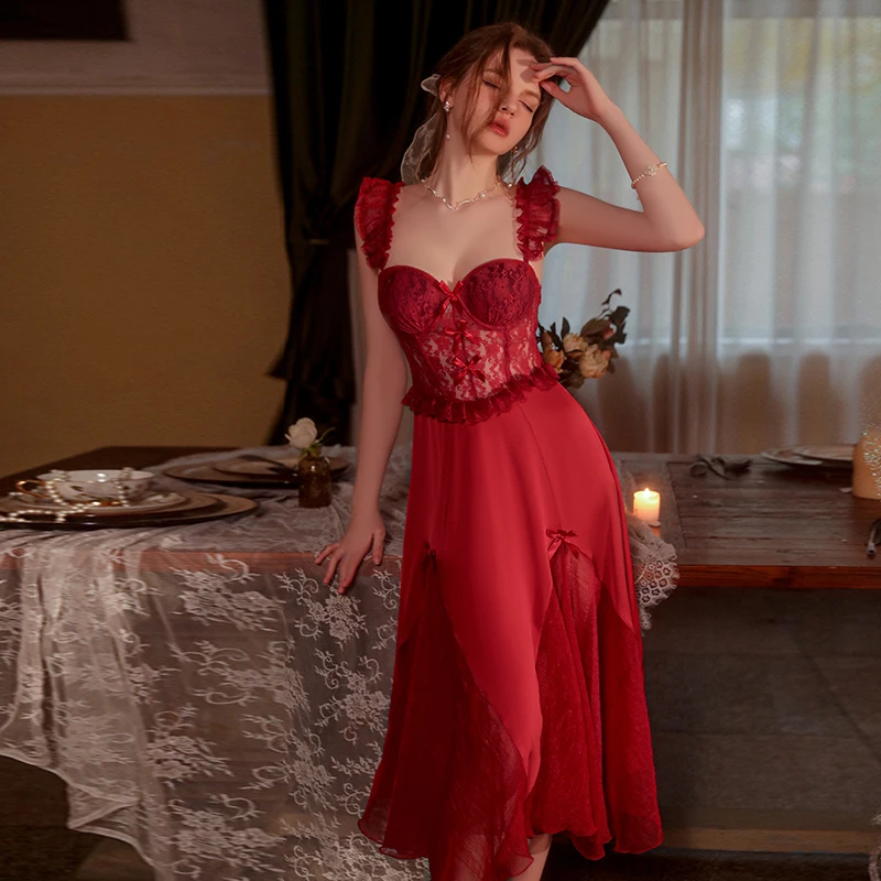 MECHCITIZ 6 ثوب النوم طويلة فستان النوم الحرير ملا...