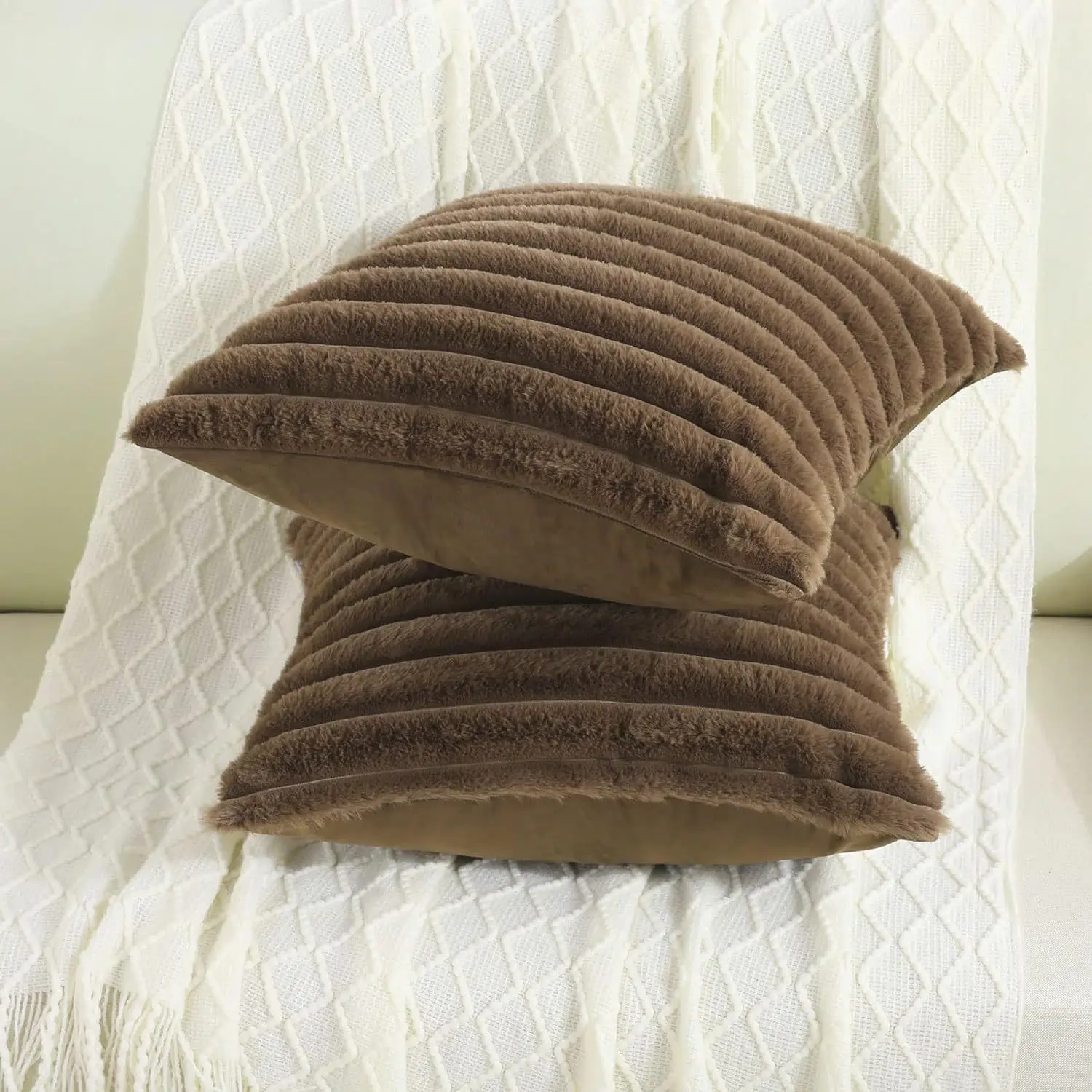 Luxurious Faux Rabbit Fur Striped Cushion Cover – Super Soft Solid Color (24×24 inch)