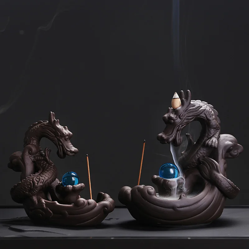 Home Decor Ornaments Purple Clay Dragon Backflow Incense Burner Pterosaur Incense Stick Holder Censer Office Feng Shui Decor