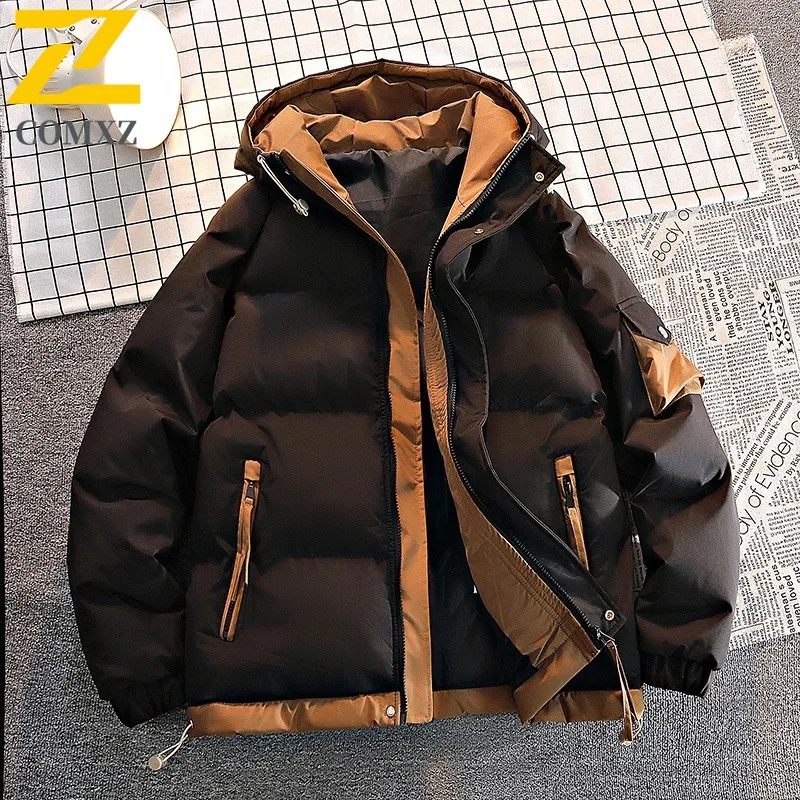 COMXZ 2025 New Men's Fake Two-Piece Cotton Jacket Winter Warm Thickened Hooded Windproof Casual outdoor sports tactics Outerwear