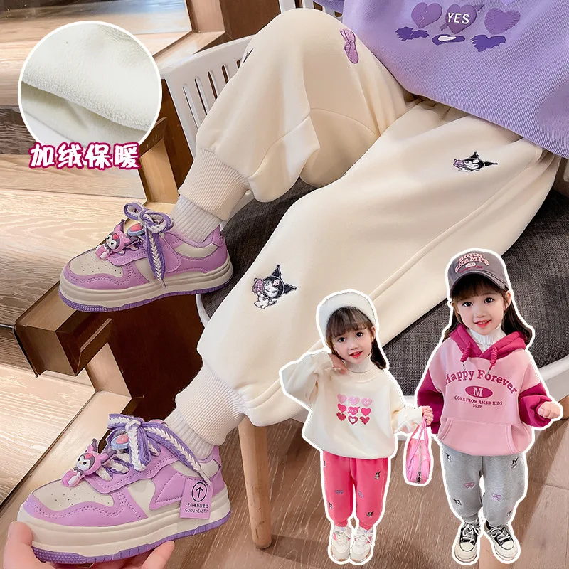 

Kawaii Kuromi Cartoon Girls Casual Pants Anime Sanrio Children's Winter Velvet Thickened Warm Sweatpants Cute Kids Clothes Gift