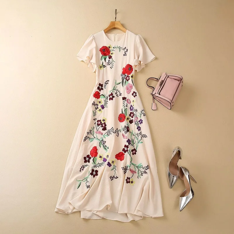 

New Arrival Dress 2023 Spring Summer Party Lady Dresses Exquisite Embroidery Short Sleeve Mid-Calf Length Apricot Pink Dress XL