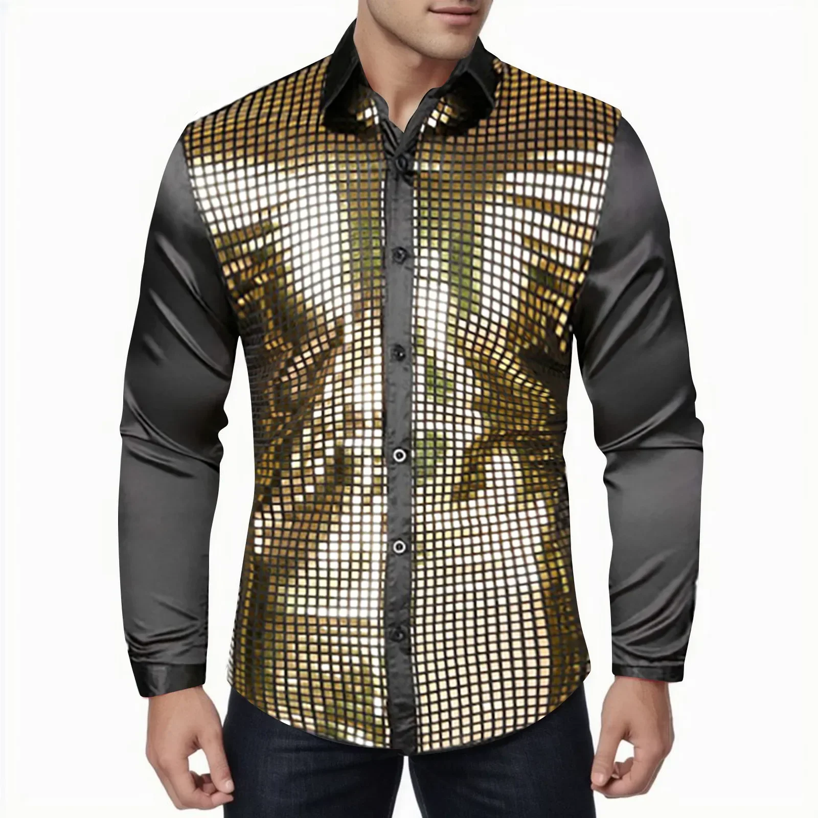 

Мужская рубашка с блестками, Классическая рубашка с длинными рукавами, на пуговицах, для дискотеки 70-х годов, для ночного клуба, с длинными рукавами и пуговицами