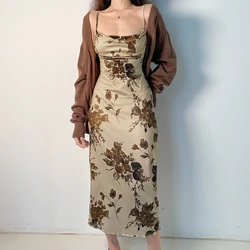 Summer 2000s Spaghetti Strap Dresses Women Vintage Floral Cutout Bodycon Dress Sleeveless Grunge Aesthetic Slim Dress Streetwear