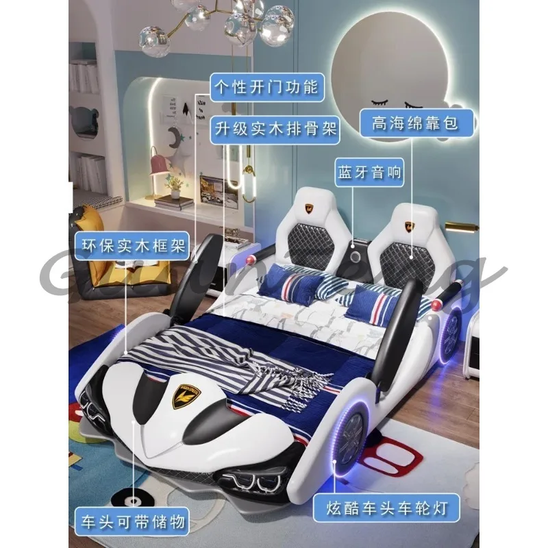 Children's Bed Boys and Girls 1.8m New Creative Cartoon Car Bed 1.5m Princess Leather Bed with Guardrail Blue 4