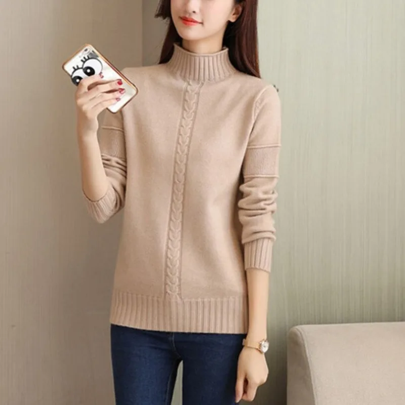 

Autumn and Winter Women's High Neck Pullover Solid Screw Thread Loose Fit Sweater Knit Fashion Casual Commuter Tops