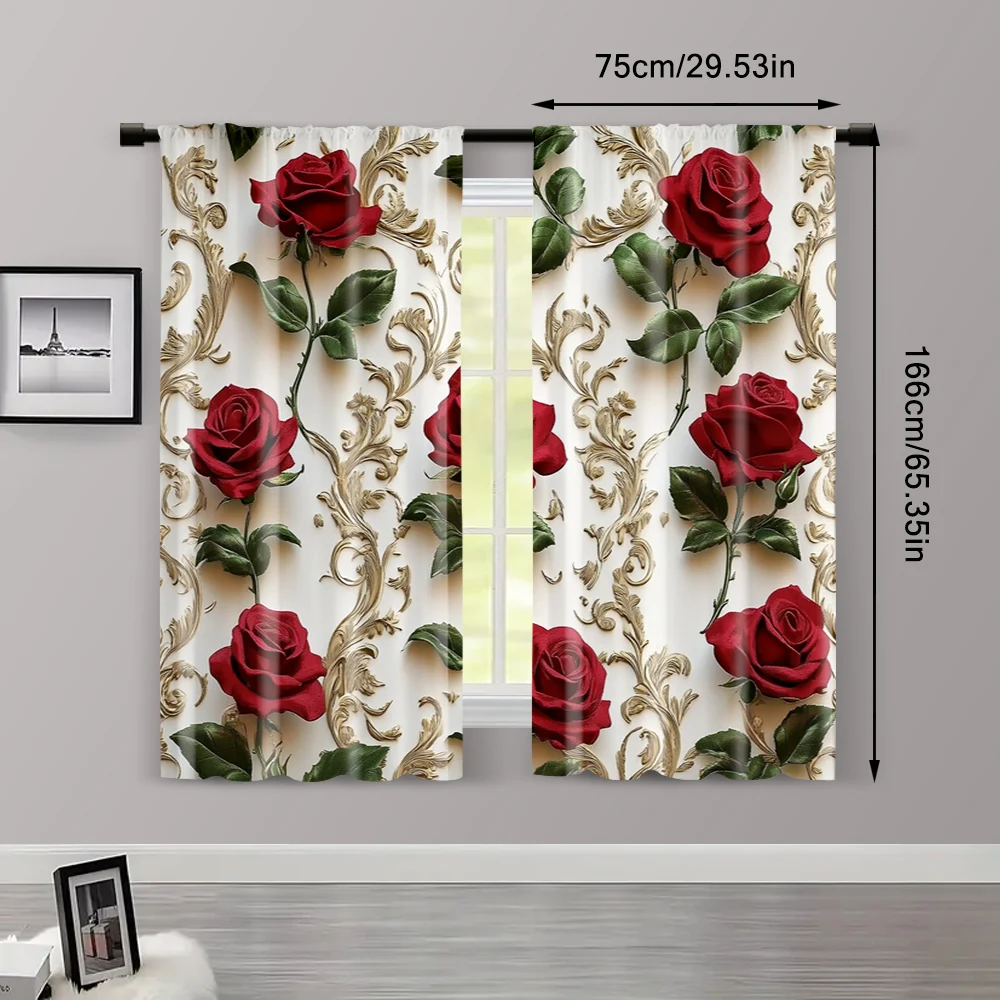 2pcs, Upscale Curtains 2D print Red Roses & Golden Floral Pattern Polyester Woven (without rod) All Seasons for Bedroom and 3