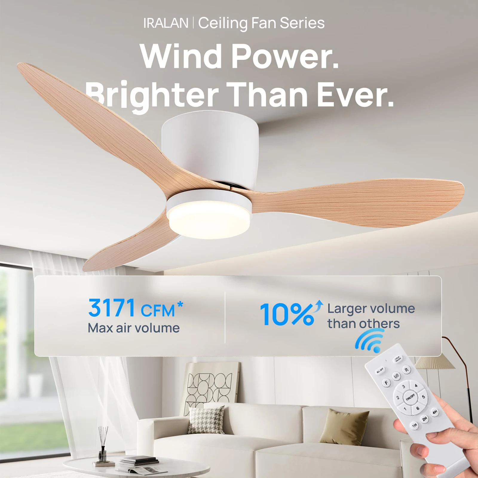 IRALAN Ventilatore da soffitto moderno con motore CC a luce LED Telecomando per grande volume d'aria per cucina, camera da letto, sala da pranzo, patio