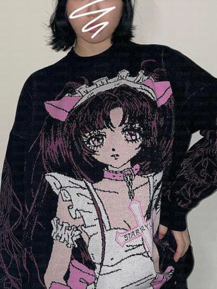 

Vintage Knitted Sweater Harajuku Girl Animation pattern Pullover 2023 Autumn Fairy Streetwear Sweater Men Women Cotton Knitwear