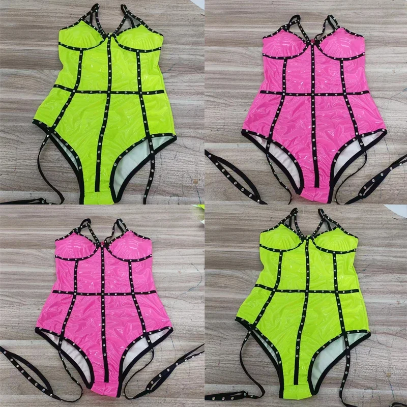 

Sexy Pole Dance Clothing Female Gogo Dance Costume Bar Nightclub Dj Ds Rave Outfit Fluorescent Pink Green PU Bodysuit