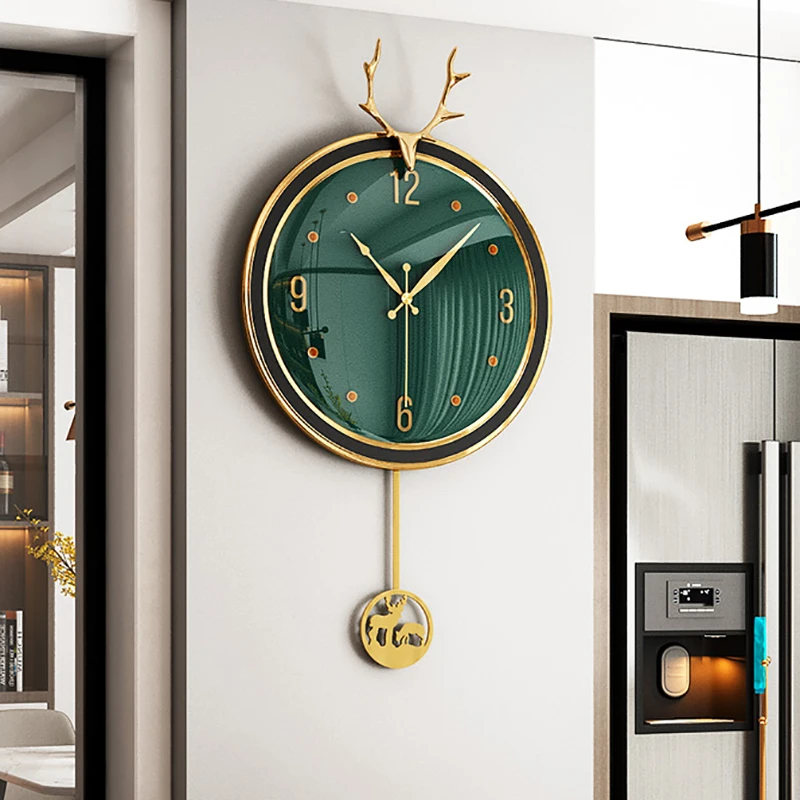 Large round Gold Pendulum wall clock with  Moose green  