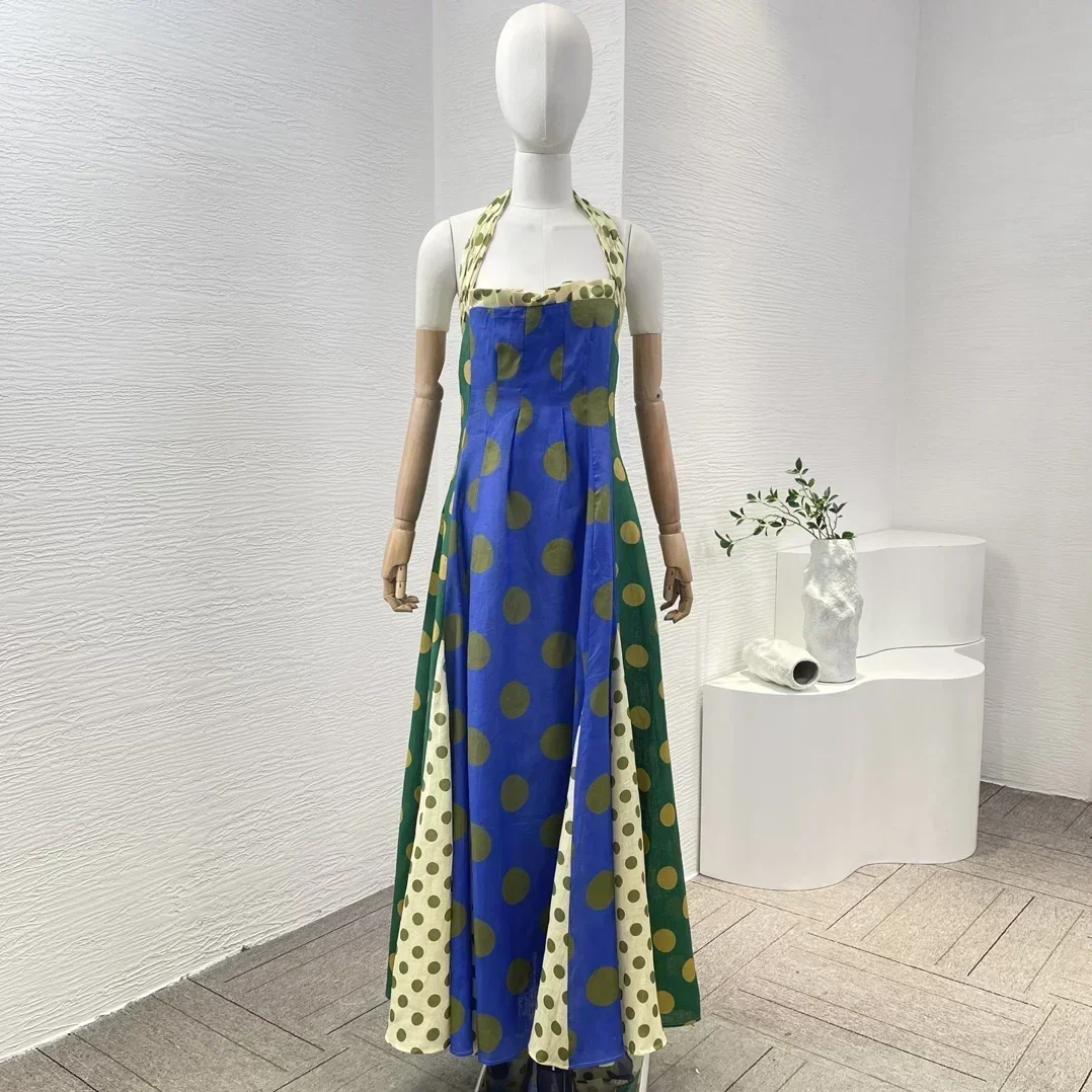 

2024 Latest Collection Green Violet Polka Dot Print Sleeveless Backless Halter Linen High Quality Women Midi Dress