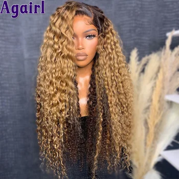 200% Ready Go Curly Human Hair Wigs Honey Blonde Brown 13X6 Water Wave Lace Frontal Wig Ombre Blonde Black 6X4 Lace Closure Wigs 1