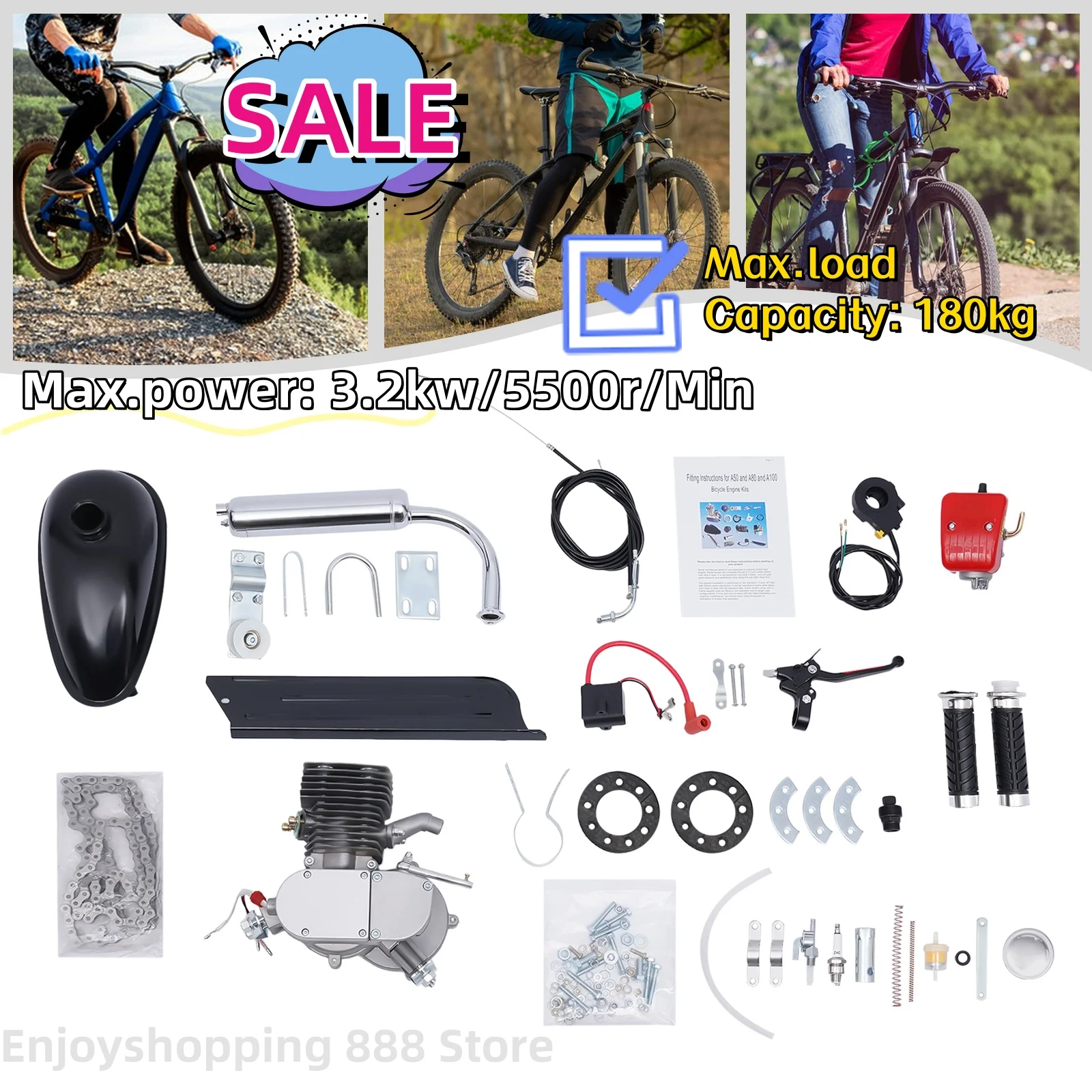 Full Set 100CC 2 Strokes Gas Petrol Bike Engine Motor Kit CDI Bicycle Motorized  Petrol Gas Engine