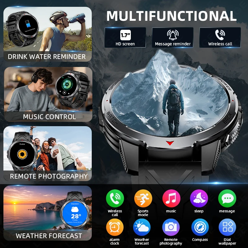 LIGE Military 1100mAh Super Big Battery Men Compass Smart Watch 1.7-inch AMOLED Bluetooth Call IP68 Waterproof Sports Smartwatch