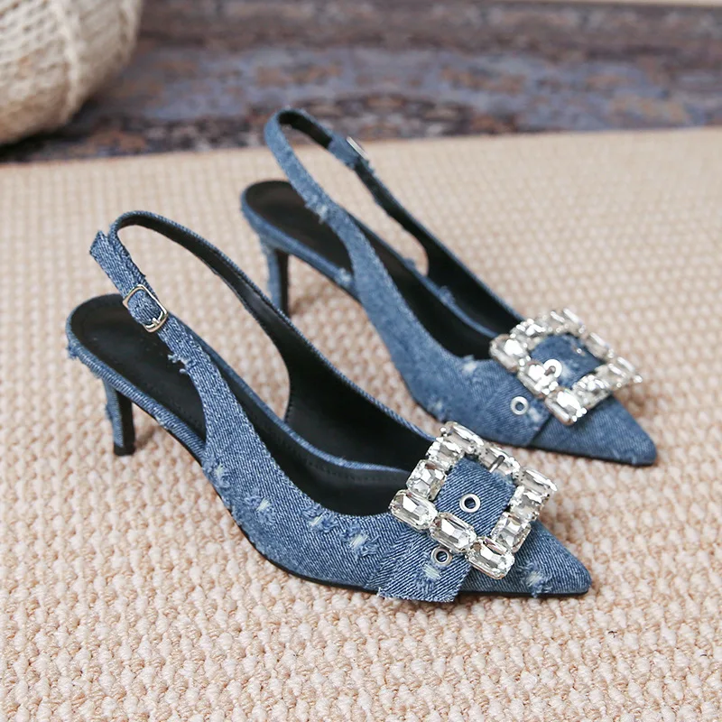 

Pointed Denim High Heels For Women 2023 Spring And Autumn New Rhine-drill After Empty Denim Holes Fashion Stiletto Shoes