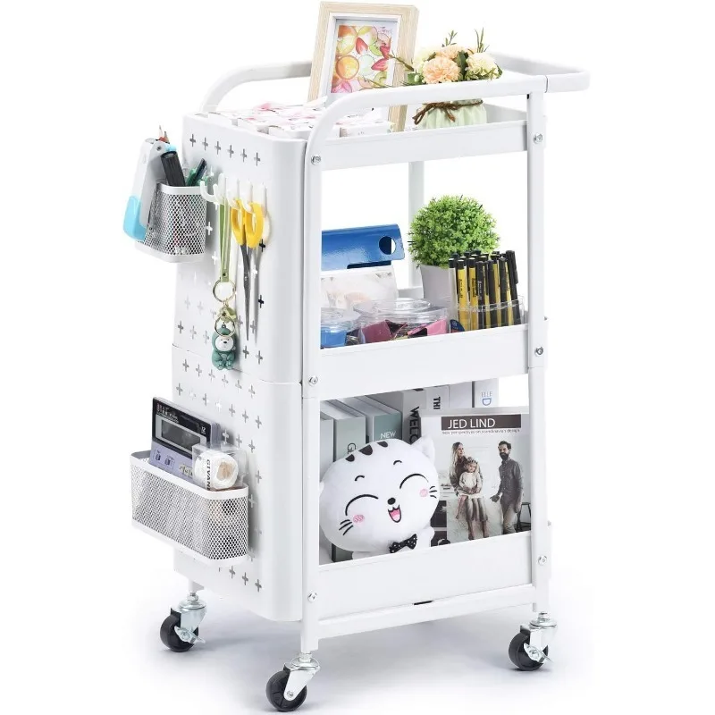 Storage rack Rolling storage cart 3-Tier Rolling Cart Metal Utility Cart Handle Lockable Wheels Hooks Bathroom Living Room