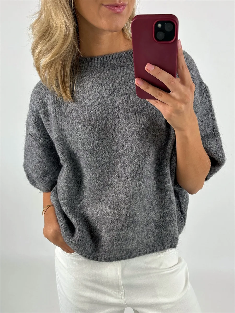 Neue Mode Frauen Frühling Herbst Stricken Pullover Halbe Hülse O Hals Einfarbig Lässige Strickwaren Heißer Verkauf S-XL – Detail 9