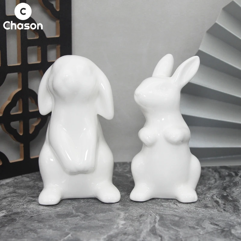 Figurine Lapin En Céramique Blanche – Décoration Pâques, Ornement Bureau Ou Table – Sculpture Détaillée, Symbole De Chance – Environ 9,5 Cm