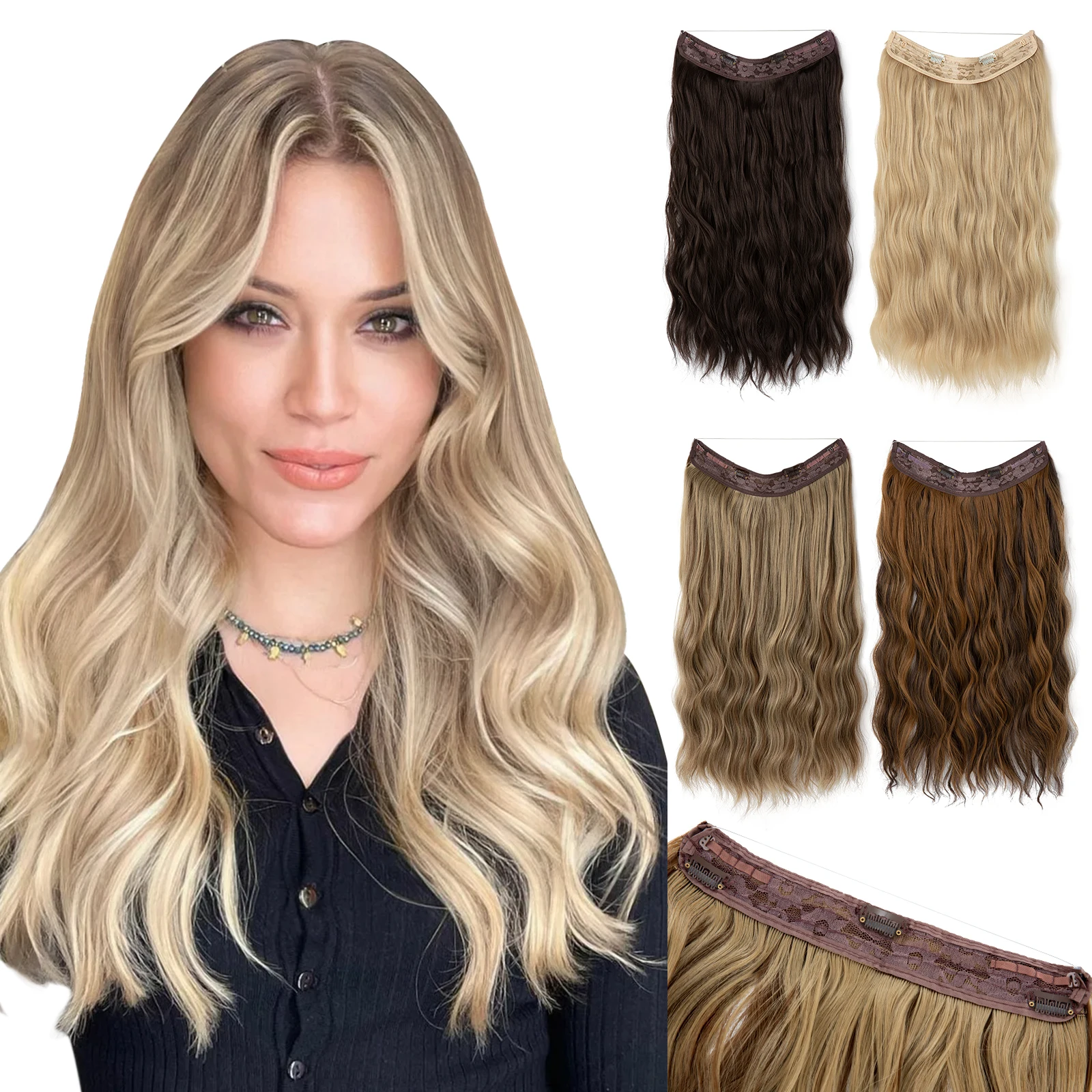 SARLA Synthetic Wave Invisible Wire With Clips Hair Extensions Fish Line Natural Blonde Clip In Hairpiece Fake Hair Piece