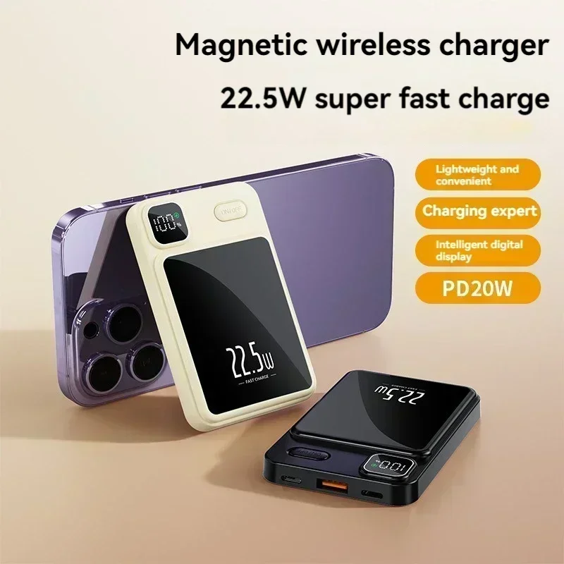 Portable Wireless Power Bank, Magnetic Qi Powerbank, Type C Fast Charger for iPhone 8-15, Mini, MaCsafe, 30000mAh, 22.5W