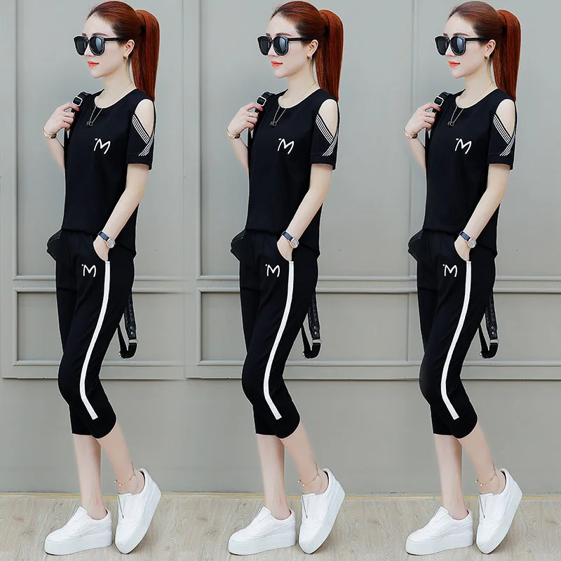 Women\'s Casual Suit Summer 2023 New Loose Sports Clothes Korean Short Sleeve T-shirt Capris Pencil Pants Two Piece Set For Women