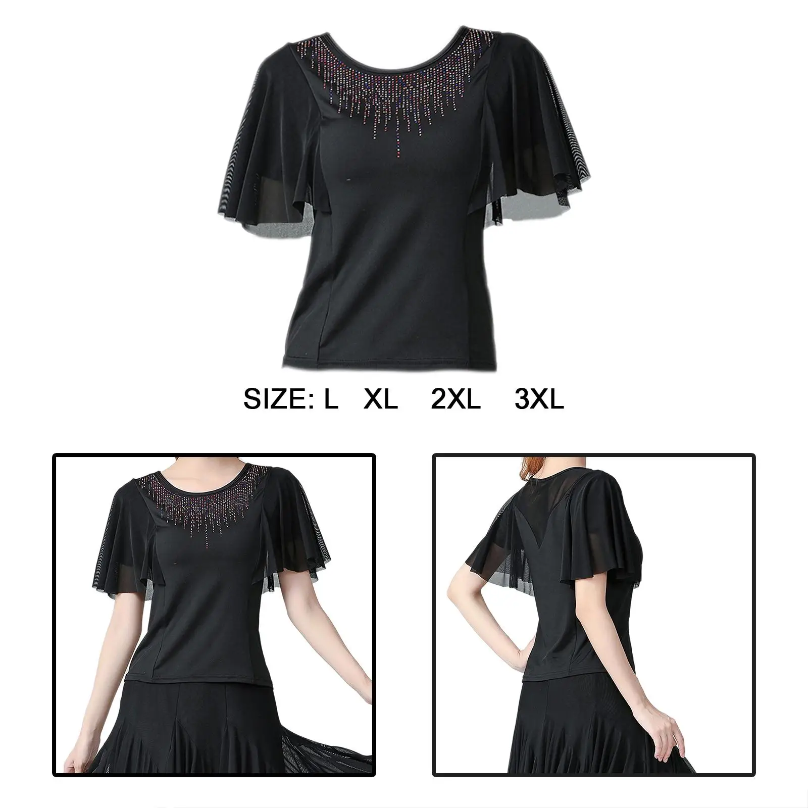 Women Ballroom Dance Tops Modern Bell Sleeves Blouses for Waltz Rumba Black
