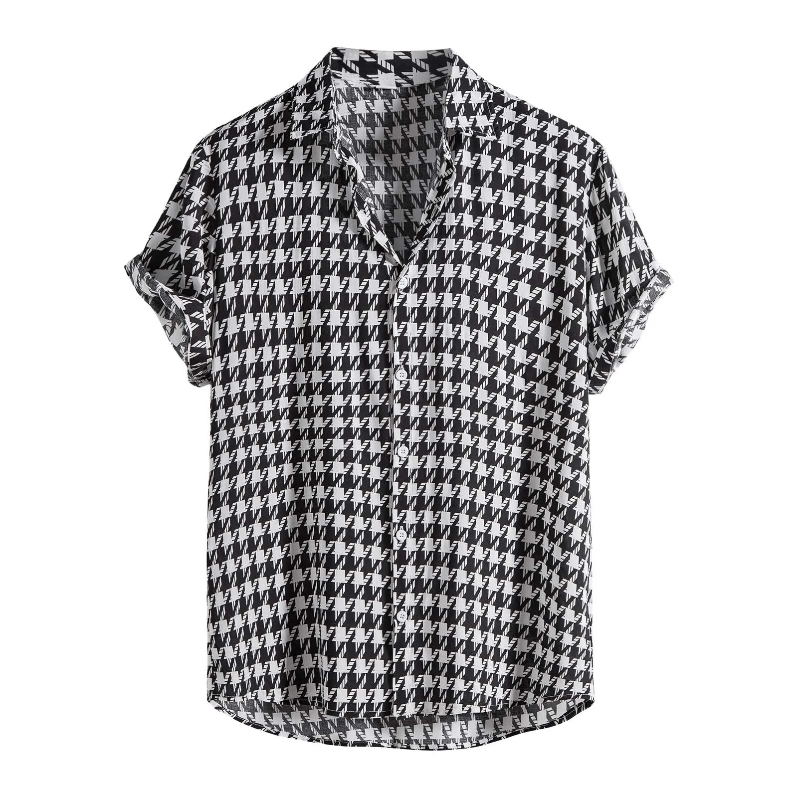 Casual Short Sleeved Shirt Short Sleeved Shirt Hawaiian Shirt Button Down Shirt Men Short Sleeve Casual Loose Blouse Summer Houndstooth Plaid Shirts For Men Hawaiian Short Sleeve Beach Button Up Blouse