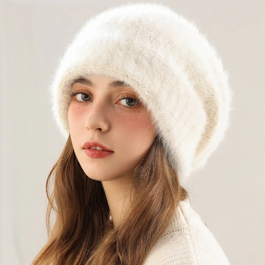 Large Size Cashmere Beanie Hat for Women's Winter Satin Lined Knitted Solid Skullies Cap Silk Lining Soft Warm Slouchy Bonnet