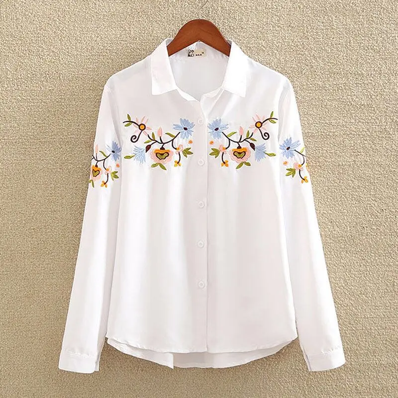 Women Clothing White Shirt Long Sleeve Vintage Flower