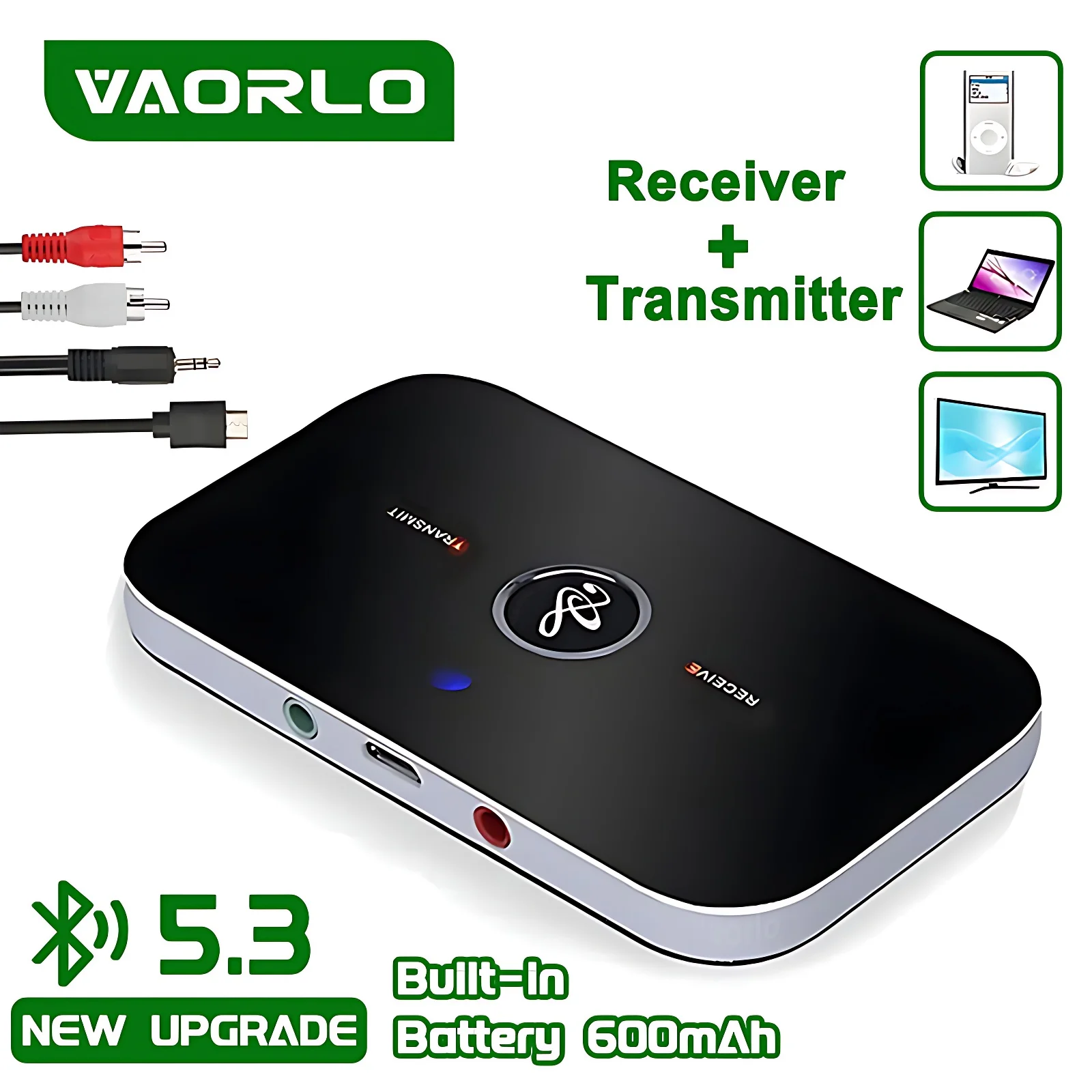 Upgraded Bluetooth 5.3 Audio Transmitter Receiver RCA 3.5mm AUX Music Wireless Adapter 600mah Battery for Car Computer TV Heaeds