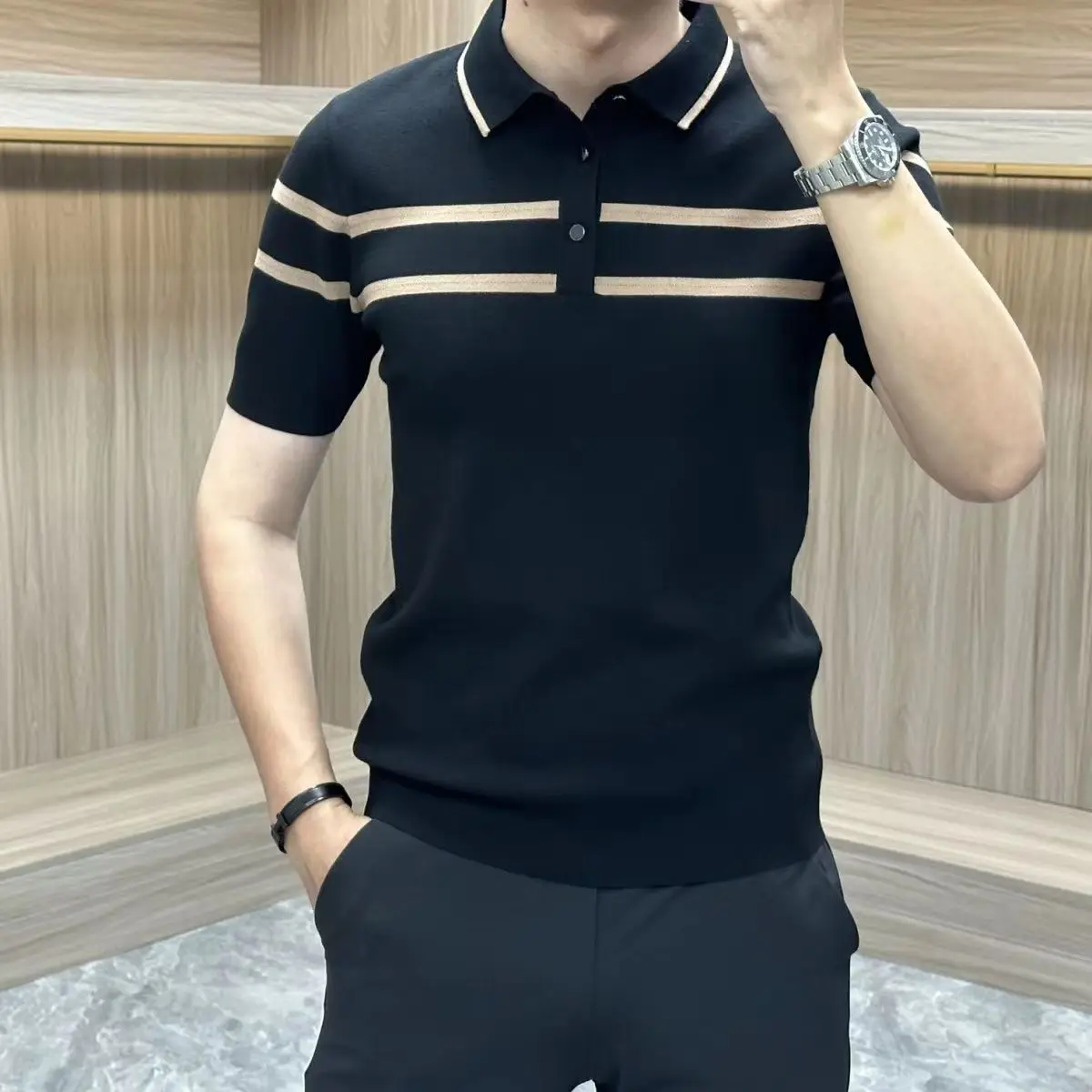 Summer New Striped Collar Men's Short Sleeve T-Shirt Trendy Fashion Slim Fit Knitted Collar Polo Shirt 10 Sa30a5c38522846a28385d65421a7363da