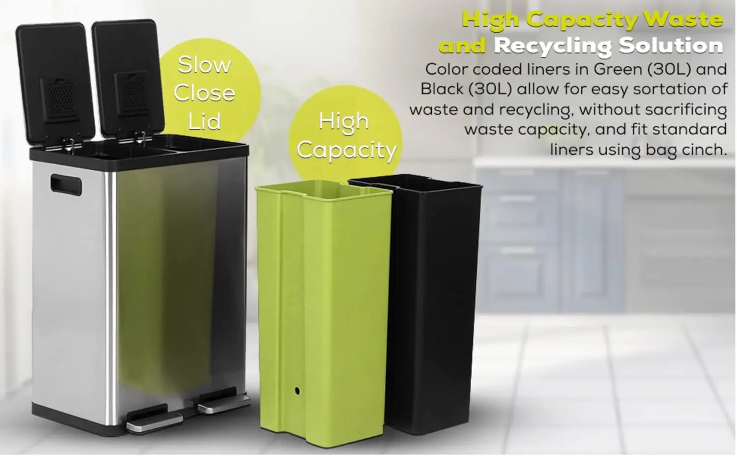 60 Liter / 16 Gallon Rectangular Hands-Free Dual Compartment Recycling Kitchen Step Trash Can with Soft-Close Lid, Brushed Stain 6
