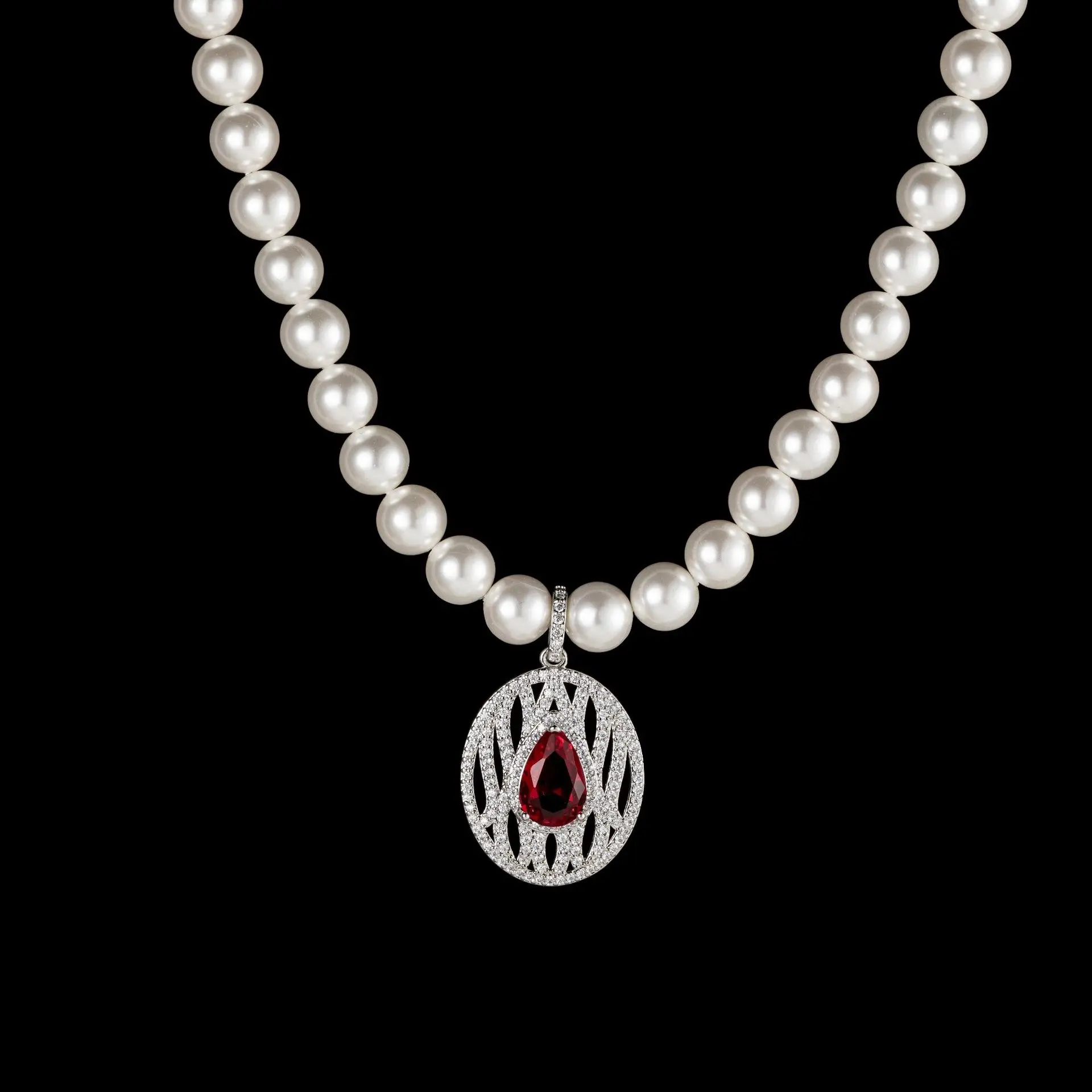 

New Vintage 8*12mm Teardrop Ruby Emerald Pendant Pearl Necklace for Women Luxury High Quality Jewelry Birthday Bridesmaid Gift
