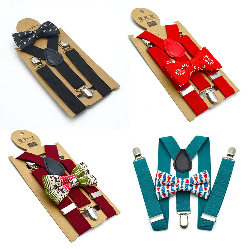 Kids Suspenders Clip Printed Bow tie suit Y-Shape Adjustable and Bow Tie Set for Christmas Party Costume Dress 2Pcs