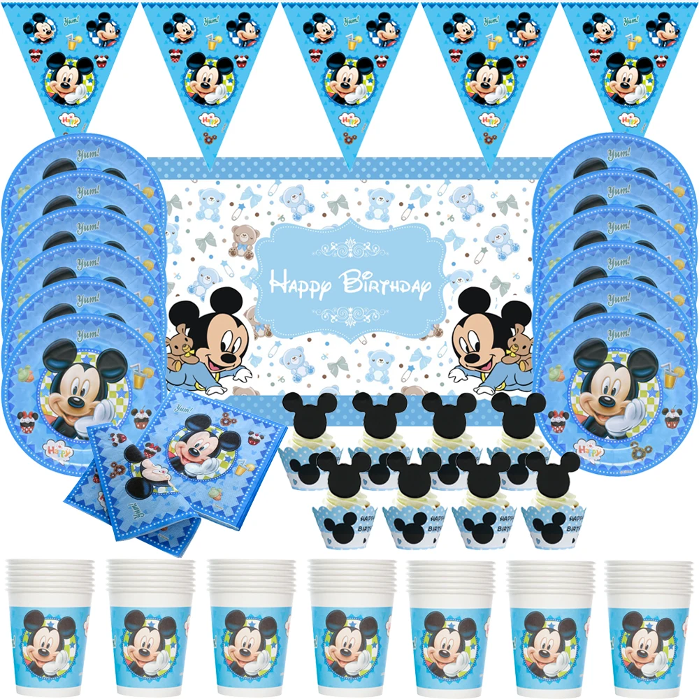 Suministros de fiesta de Disney Mickey Mouse, decoraciones, vasos de papel, platos, servilletas, pancarta, mantel, globos, Cumpleaños de Niños, Baby Shower