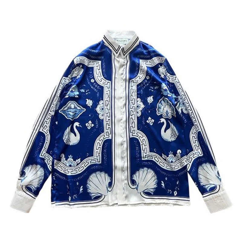 

New Fasion Blue Marble Swan Casablanca T Shirt Long Sleeves Men Women Cool Fabric Casablanca Top Tees Couple Clothing