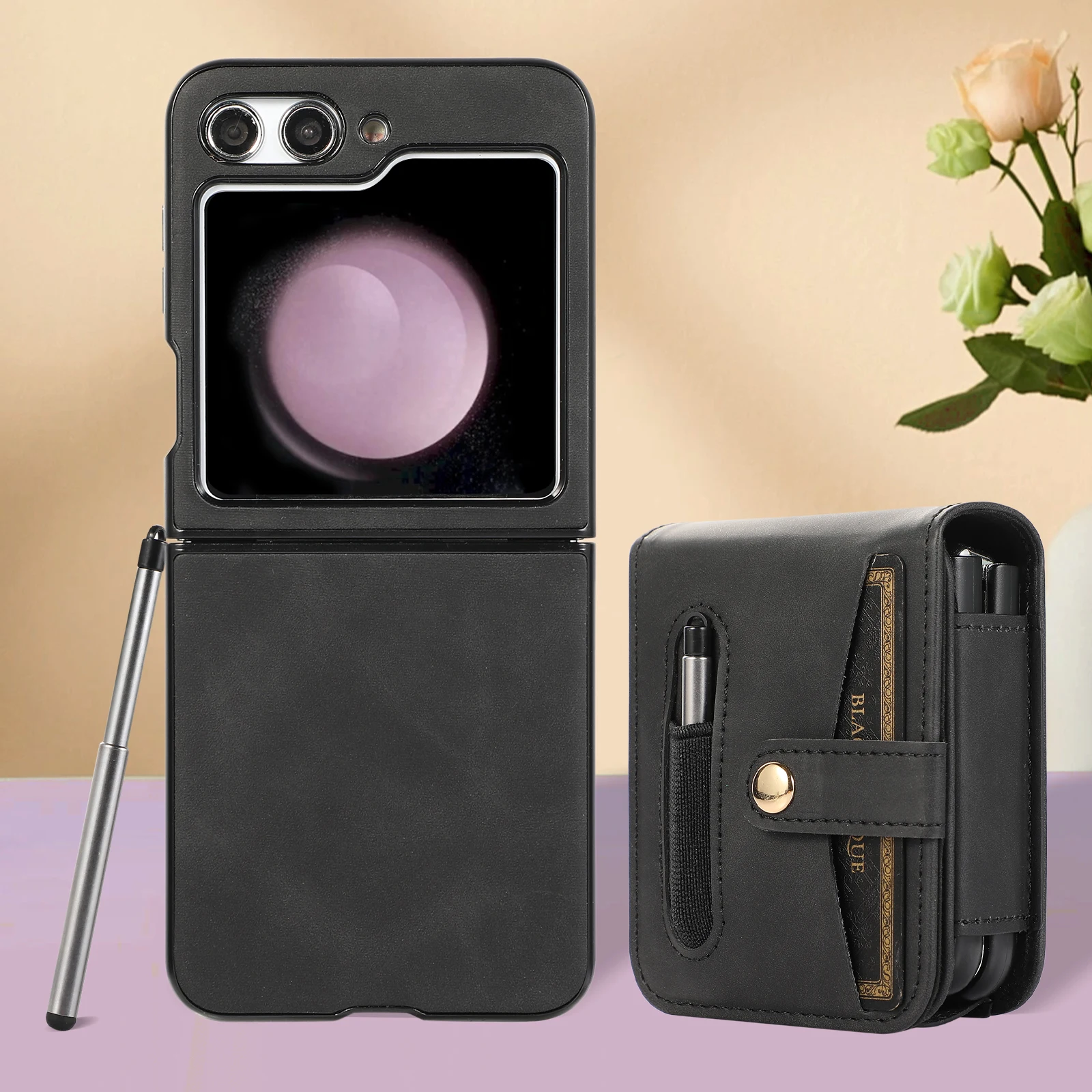 For Samsung Galaxy Z Flip 5 Case Luxury PU Leather Magnetic Wallet Card Bag Belt Clip With Pen Folded Shockproof Hard Back Cover