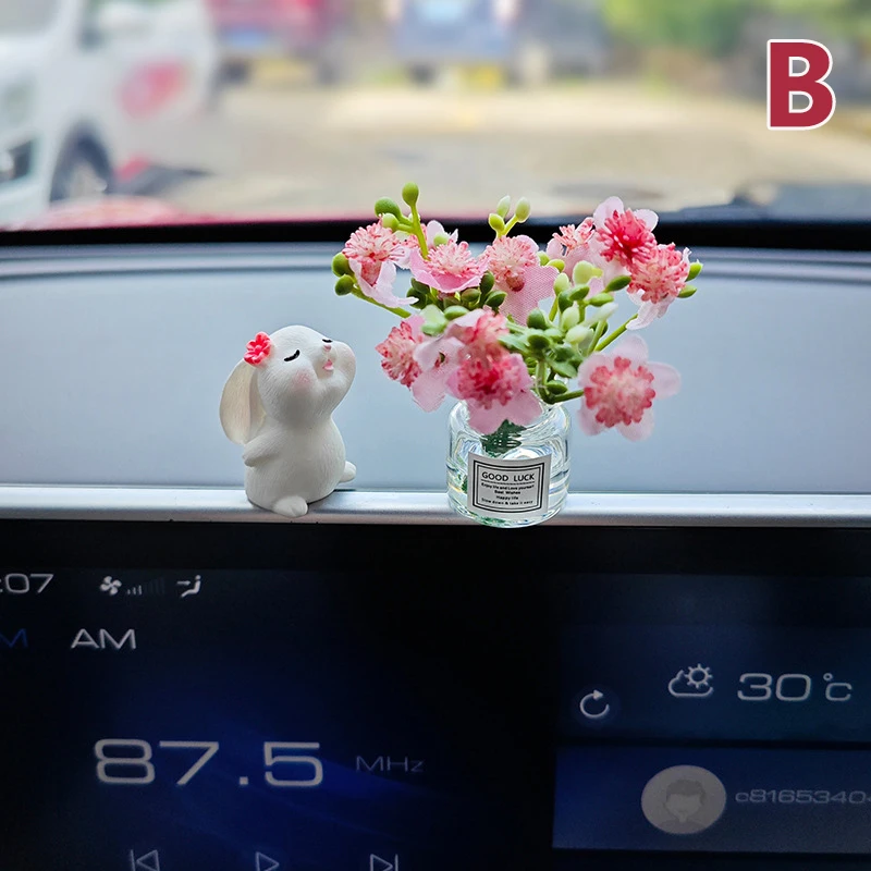 Charming Rose Flower Vase and Rabbit Car Decoration Ornaments