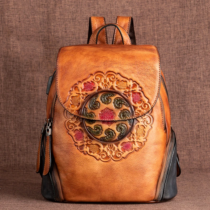 

Genuine leather retro backpack with large capacity vegetable tanned cowhide printed bag