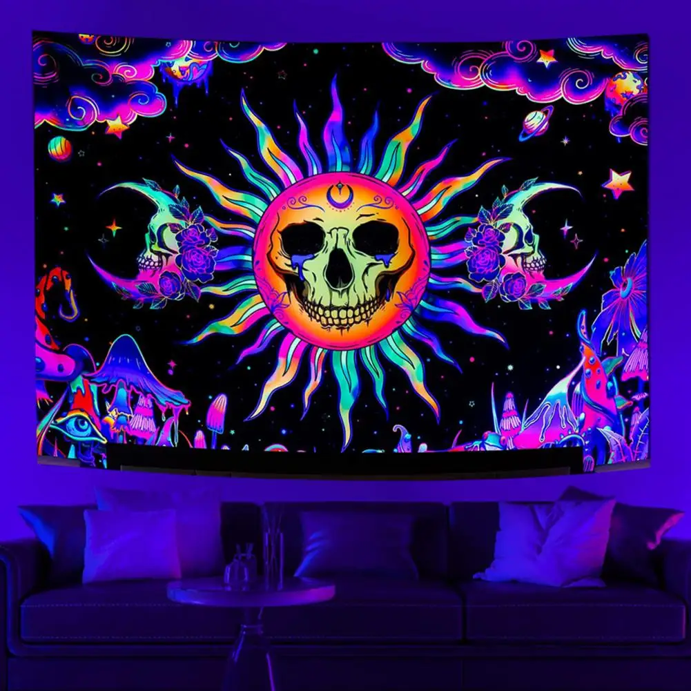 1 Set Skull Tapestry Glow In The Dark Black UV Light Reactive Rectangle Tapestry Washable Wall Art Sunflower Hanging Cloth