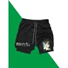 Frieren Print 2-in-1 Running Shorts Men Gym Workout Compression Shorts with Phone Pocket Towel Summer Sport Athletic Activewear
