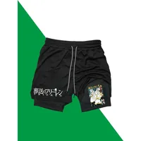 Frieren Print 2-in-1 Running Shorts Men Gym Workout Compression Shorts with Phone Pocket Towel Summer Sport Athletic Activewear