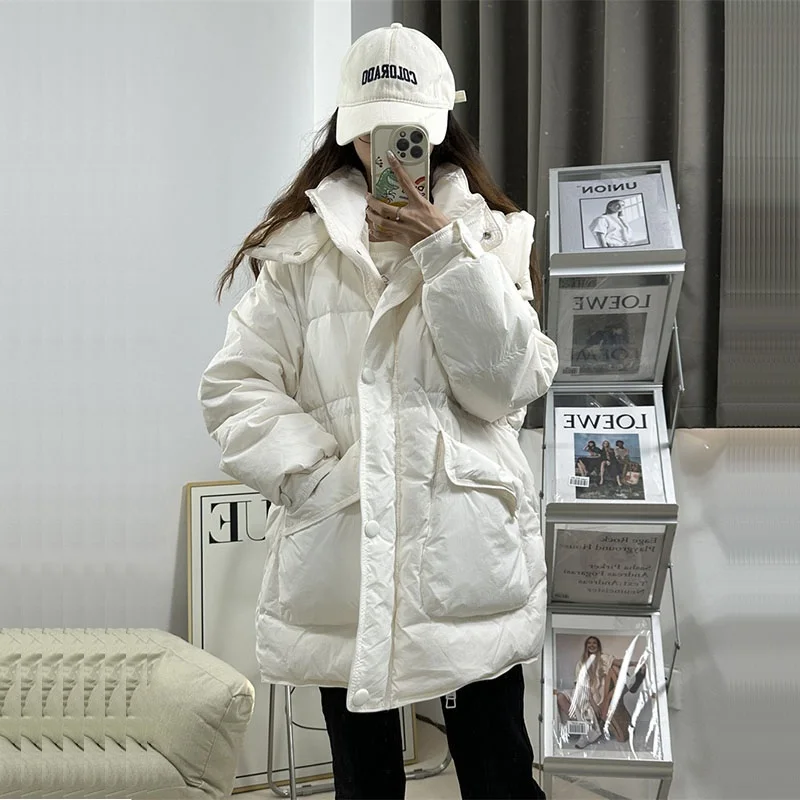 

2023 Autumn Winter Korean Loose Big Pocket Women Puffer Jacket Warm Parkas Long Sleeve Hooded Down Coat Casaco Feminino Inverno