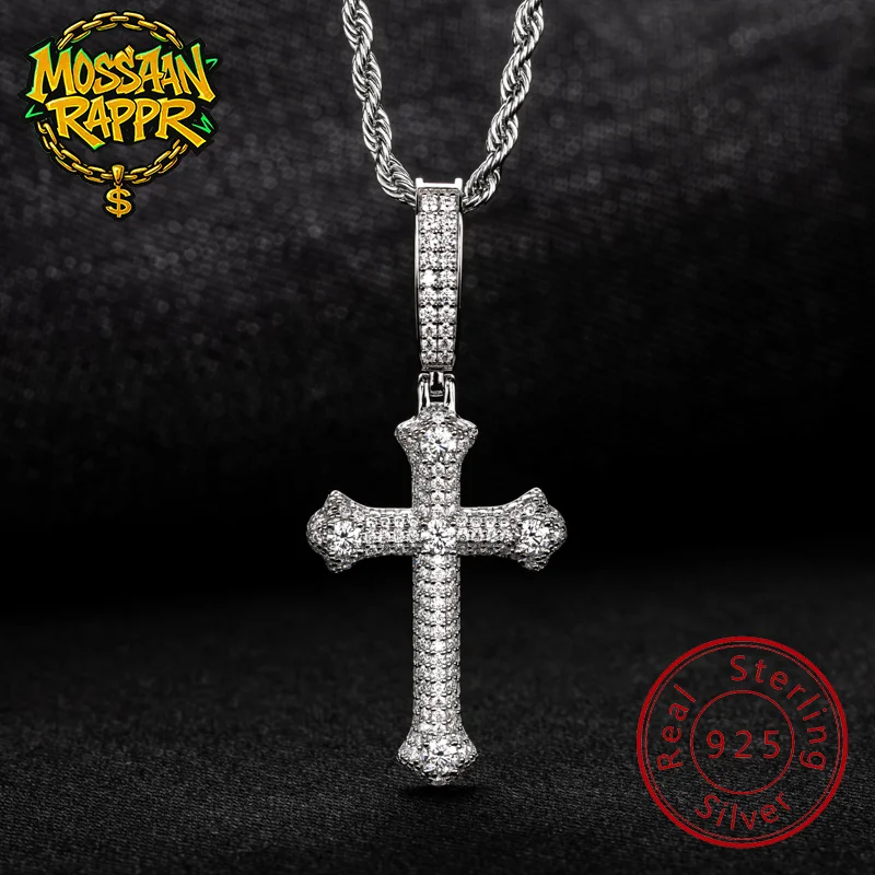 MossanRappr Moissanite Classic Cross Pendant Hip Hop Necklace 925 Sterling Silver Stylish Fine Jewelry Gifts for Men and Women