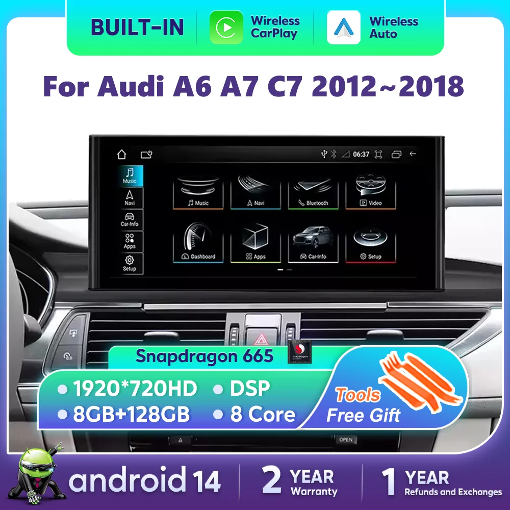 Android 14 Car Radio Carplay Player For Audi A6 A7 C7 2012~ GPS Automotive Multimedia MP4 Stereo Receiver Navi Head Unit