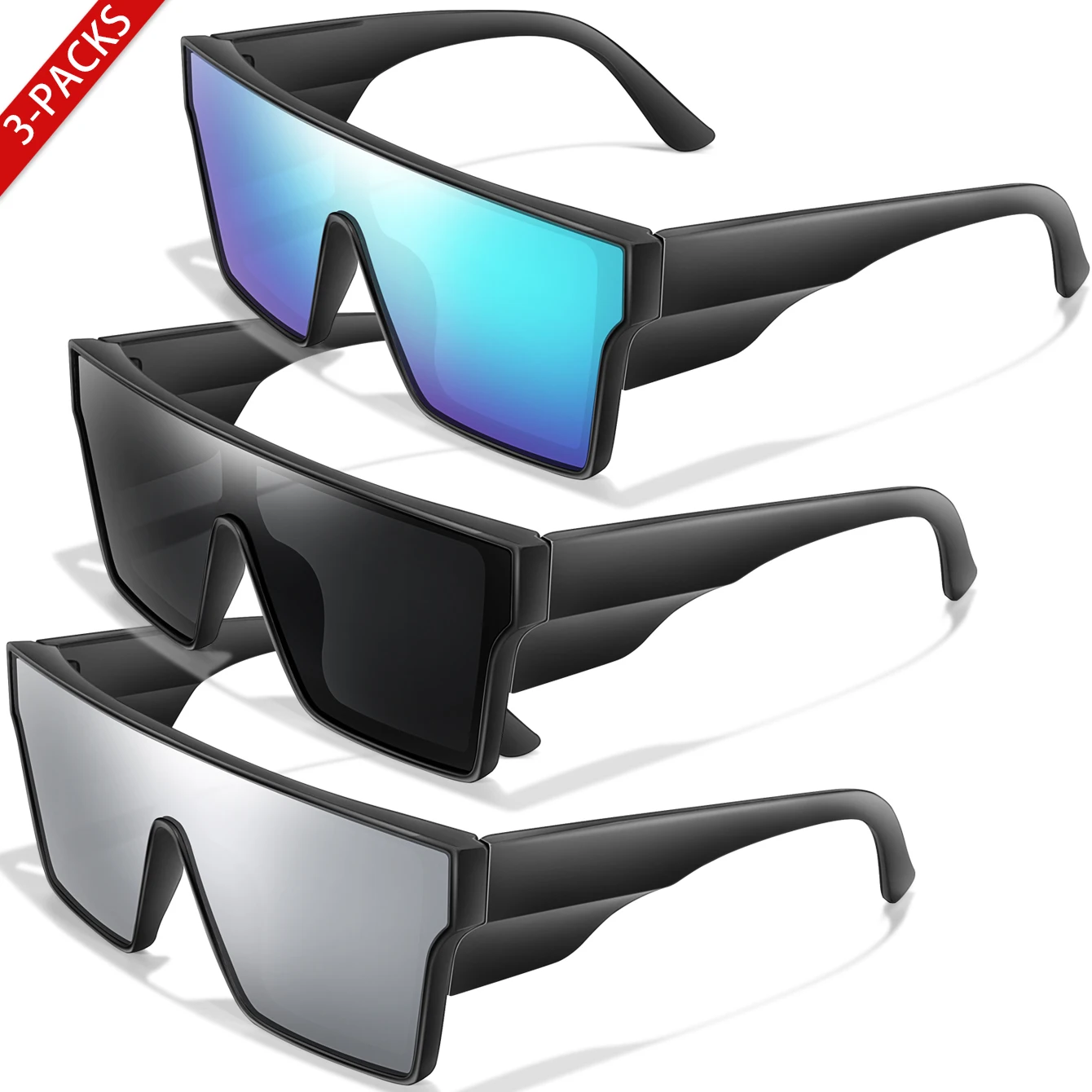 3 PCS Big Frame Colorful Lens Cycling Sunglasses UV400