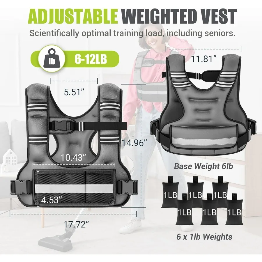 Adjustable Weighted Vest for Women, 6-12lb U-Shaped Weight Vest with 6 Iron Sand Bags, Rucking Vest with Extended Shoulder Pads