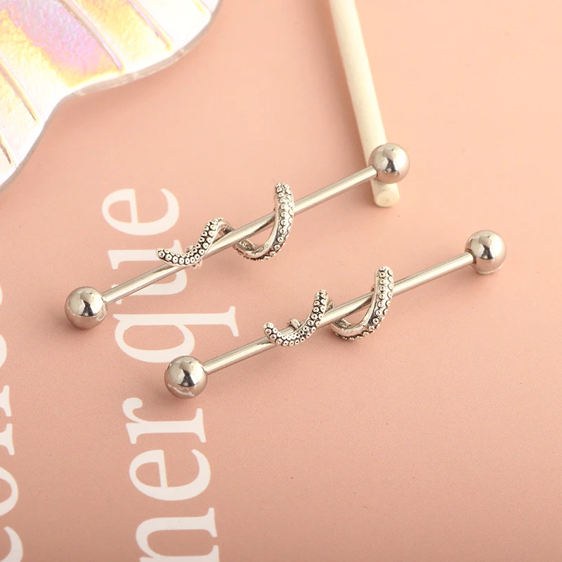 Fish 14G Industrial Earrings Barbell Stainless Steel Piercing Body Cartilage Ear Tragus Industrial bar long Tragus Conch Jewelry